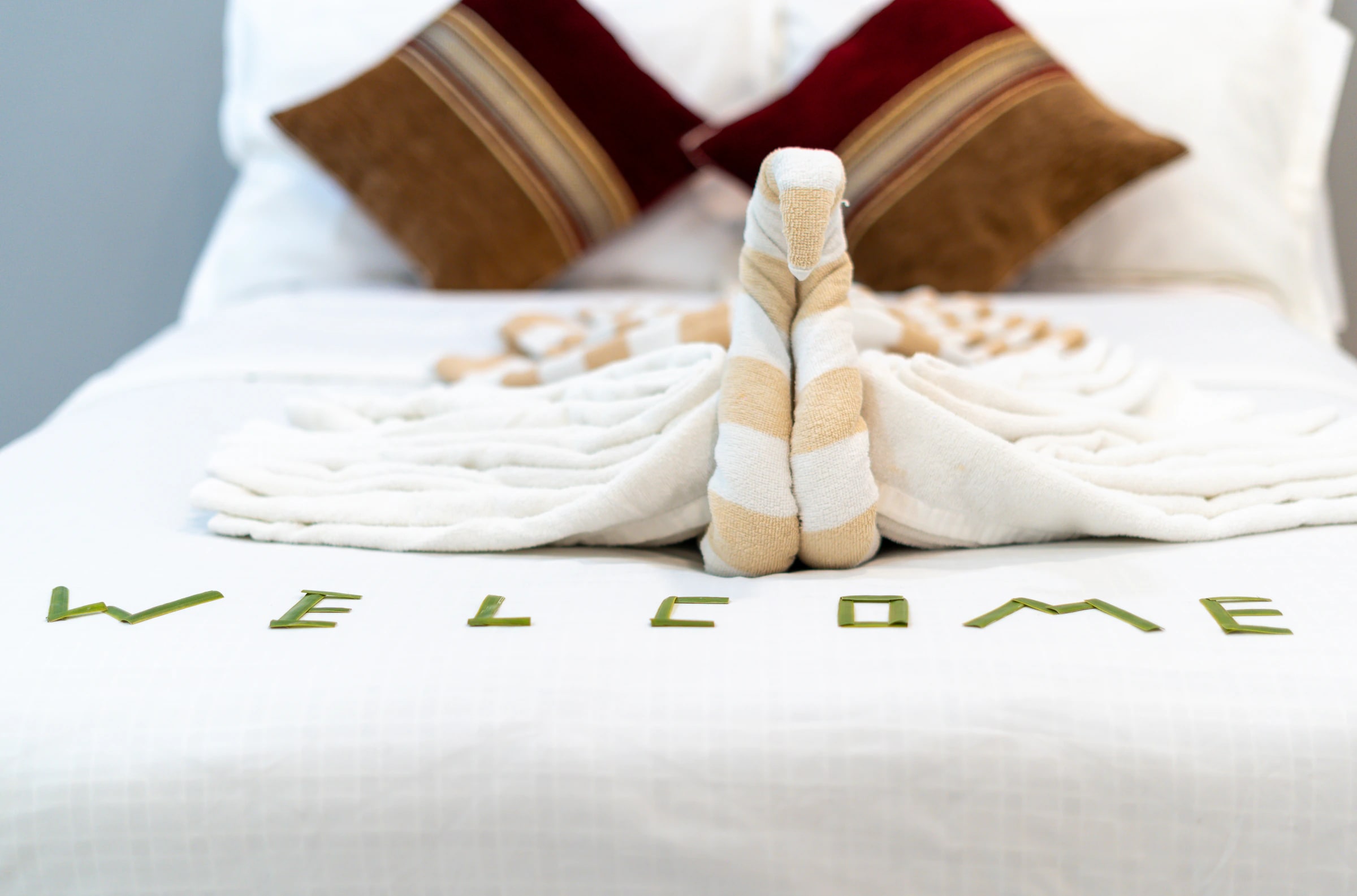 A folded towel arranged as two swans on a made bed at Maafolhey