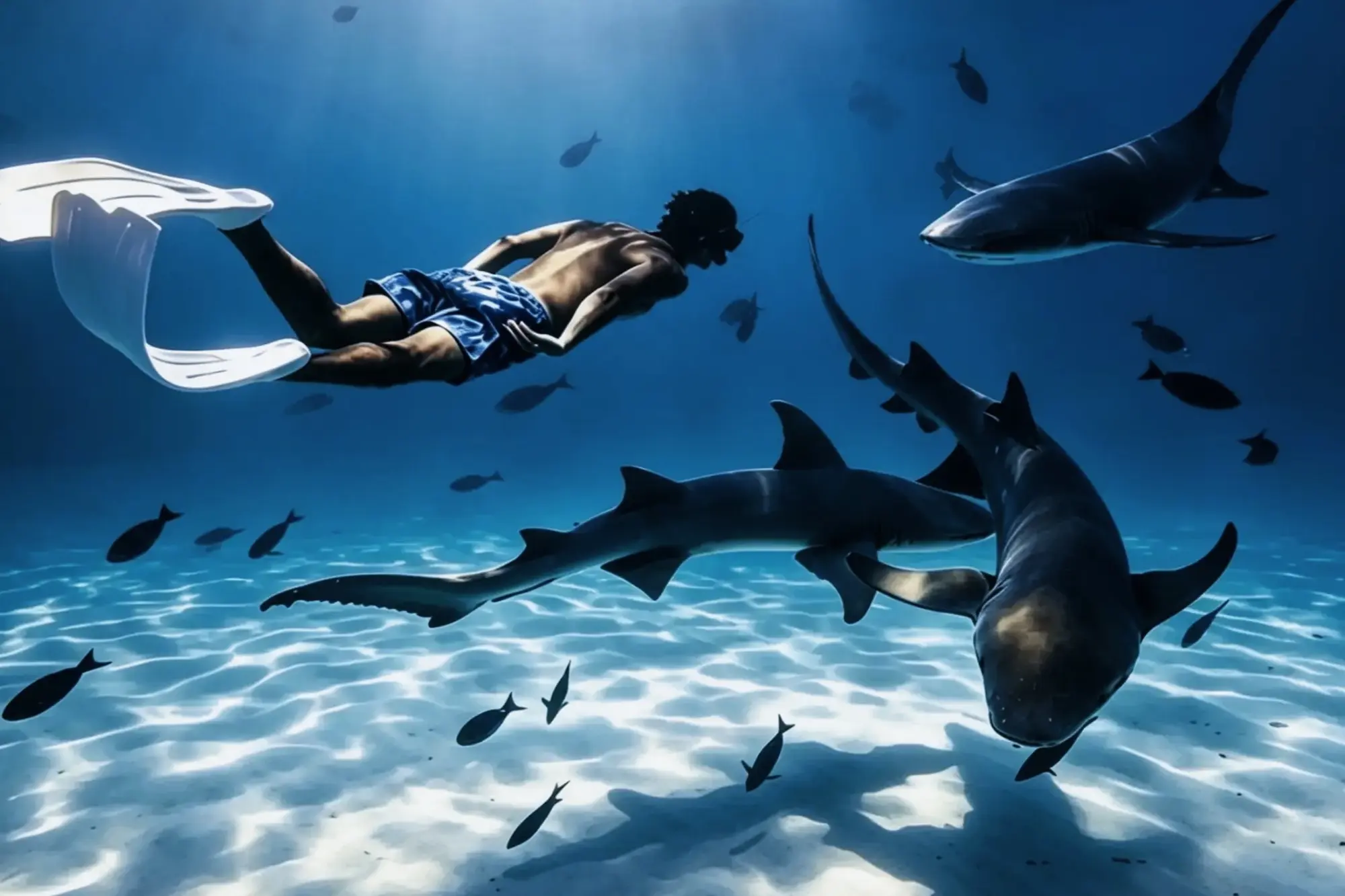A freediver over the sand with nurse sharks near Ukulhas