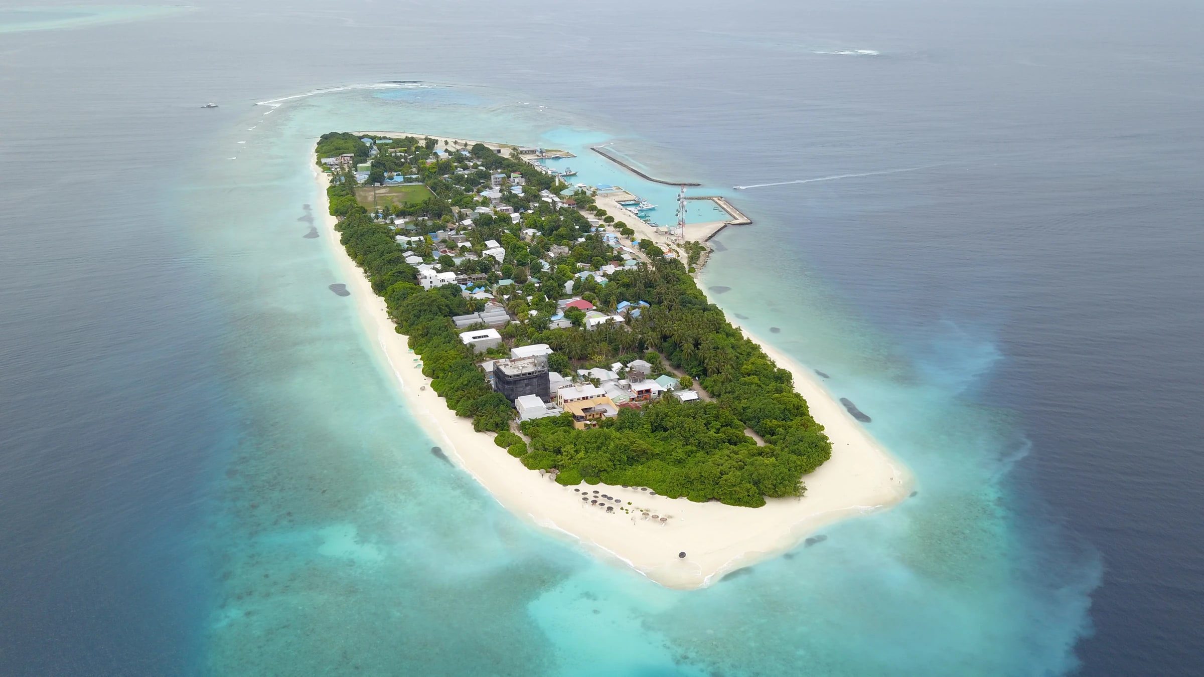 An aerial view of Ukulhas, showing the harbour where guests arrive
