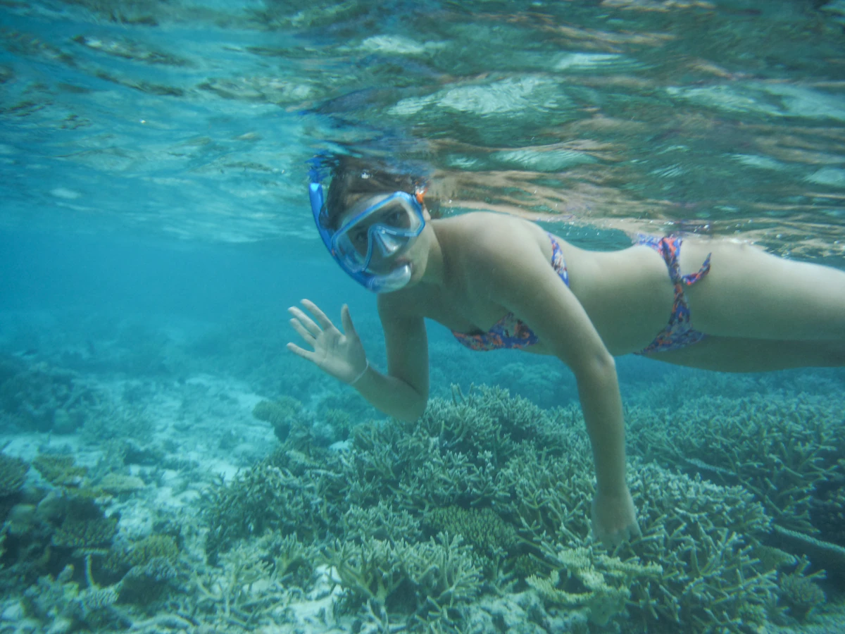 A snorkeller swimming over the coral reef off Ukulhas