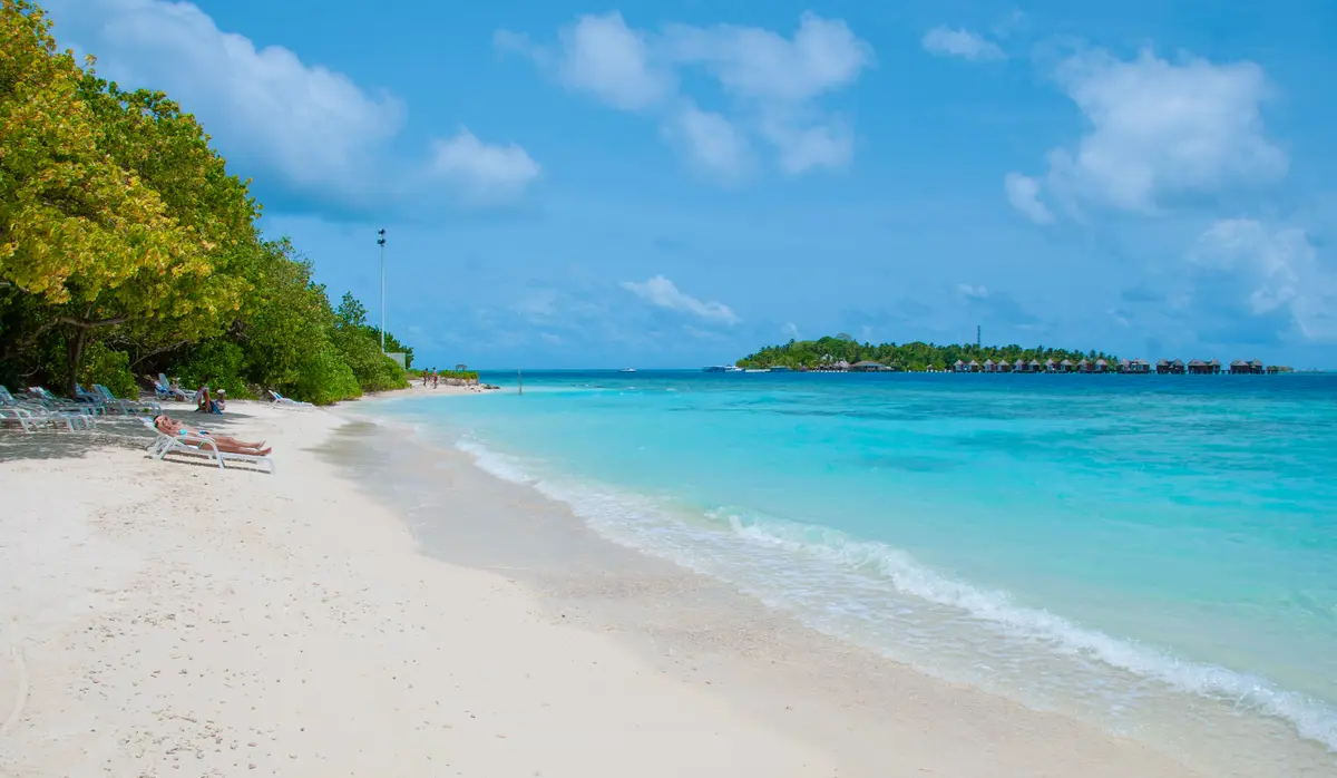The beach on Ukulhas, with sun loungers in the shade of the trees