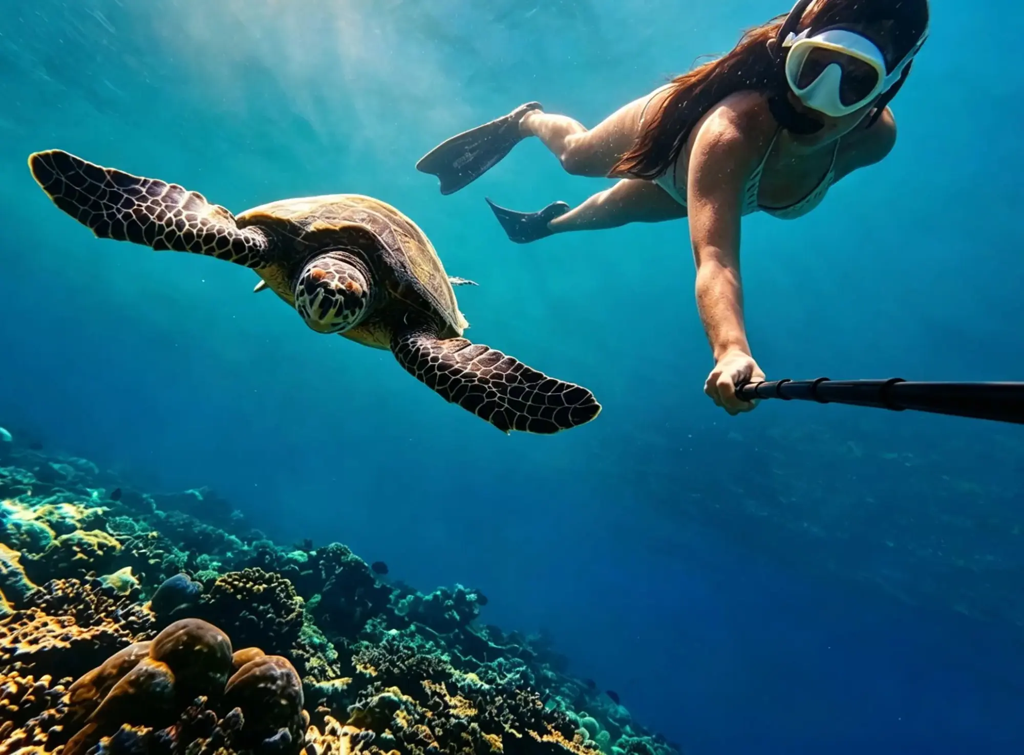 A freediver photographing a turtle over the reef near Ukulhas