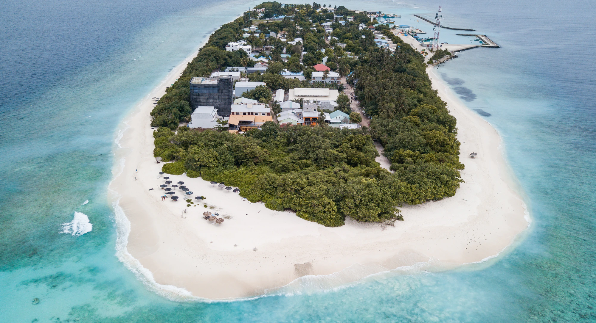 Aerial view of Ukulhas island, harbour to beach